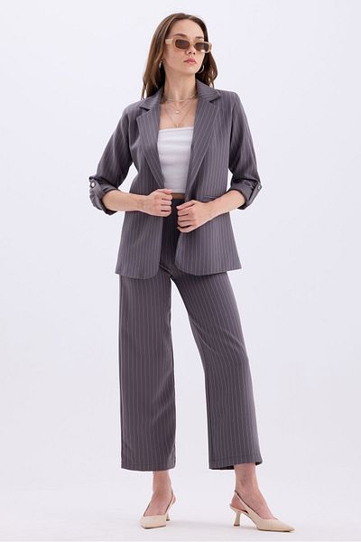 MD trend Striped Double Breasted Blazer and Trousers Set - Foldable Sleeve
