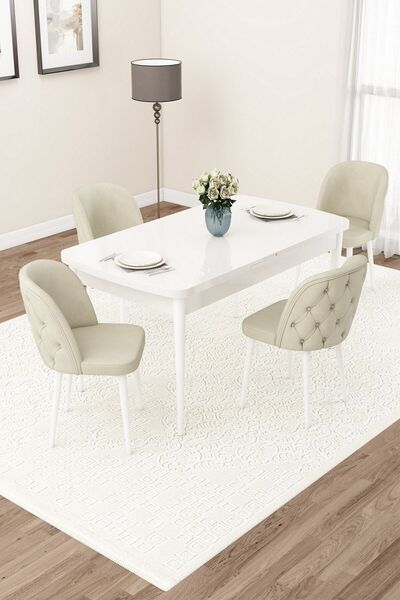Canisa Jae Serisi Açılabilir 80x132 Beyaz Yemek Odası Takımı Ve 4 Krem Sandalye