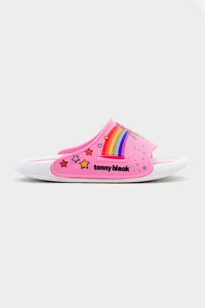 Tonny Black Pink Rainbow Patterned Girl's Slippers - Poly Sole