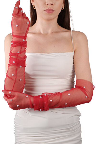 Limelia Zarif Şık İncili Gelin Kostüm Düğün Eldiveni Özel Geceler İçin Uzun Tül Eldiven Kırmızı