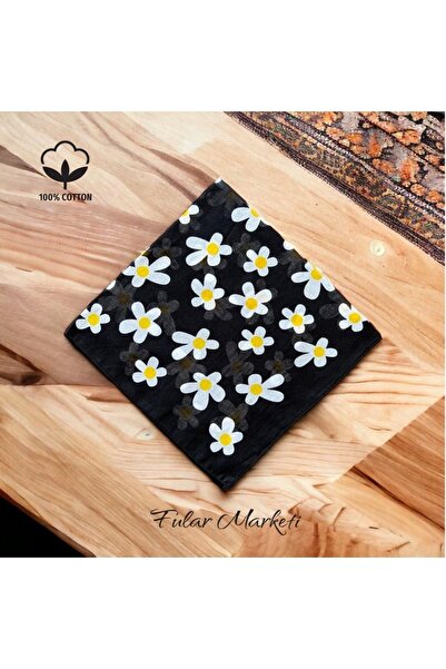 Fular Marketi Sepete 4 Ekle 3 Öde %100 Pamuk Daisy Desen Bandana Siyah