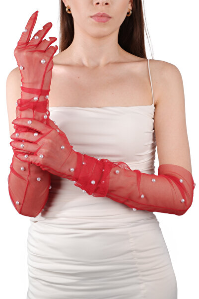 Limelia Mănuși de mireasă șic din tul perlat roșu