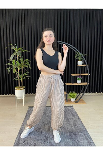 ESPOİRPLUS Пудра біла смугаста віскозна пральна жіноча штани