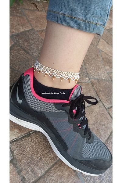 Atolye Ferda Bohemian White Sand Beaded Knitted Anklet