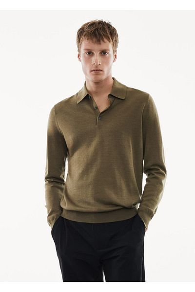 MANGO Man Polo 100% lână merinos cu mânecă lungă