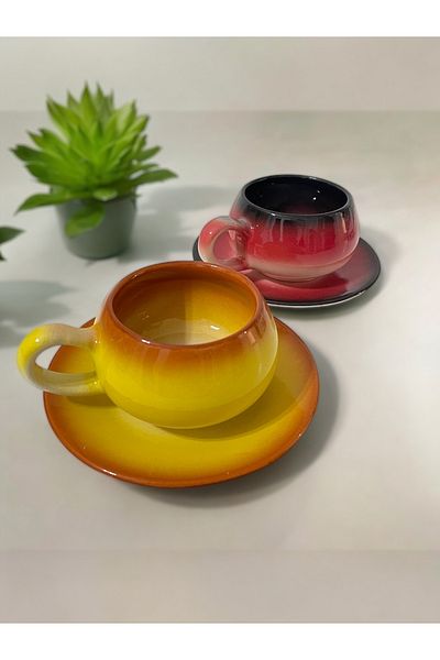 Artistic Quality Decorative Stylish Design Tea-Coffee Cup Set in Yellow and Red Colors for 2 People
