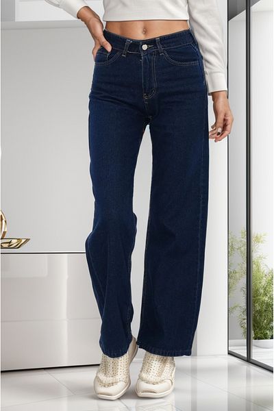 SHEVEGA High Waist and Lycra Navy Blue Loose Jeans - Wide Leg Jeans