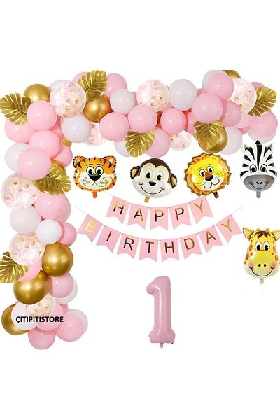 DÜVENCİ TİCARET Çıtıpitıstore Pink Safari Foil Head Birthday Set