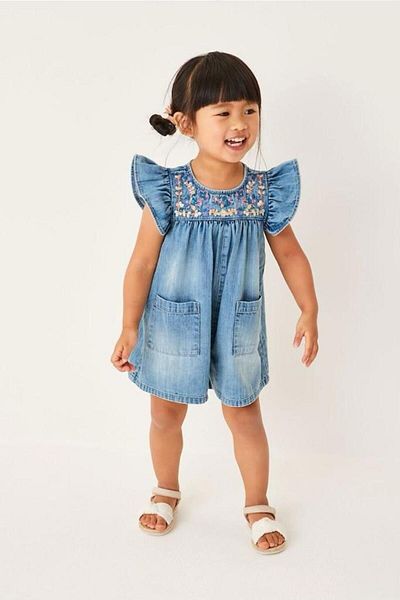 Pink Hippo Kids Girl's Ruffled Floral Embroidered Denim Shorts Jumpsuit