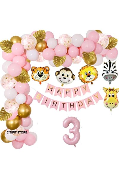 DÜVENCİ TİCARET Çıtıpıtıstore Pembe Safari Folyo Kafalı Doğum Günü Seti