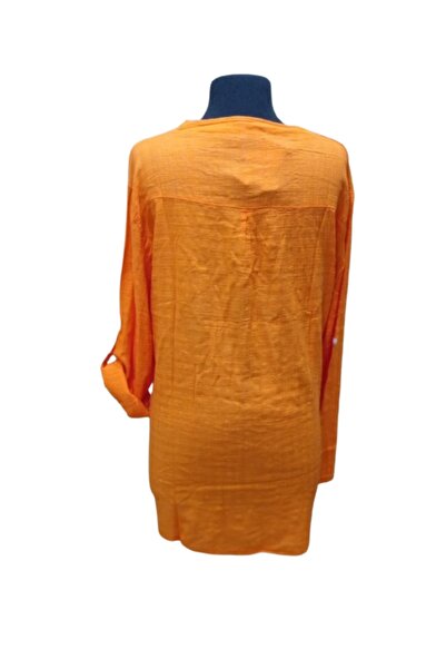 ZY BUTİK Orange Linen Shirt - Prevailing Collar, Long Sleeve, Plus Size Blouse