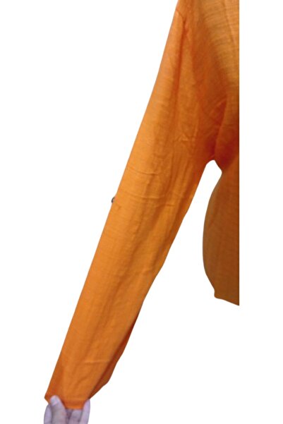 ZY BUTİK Orange Linen Shirt - Prevailing Collar, Long Sleeve, Plus Size Blouse