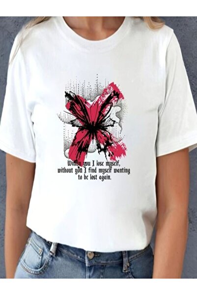 CLASSY.MODA تي شيرت نسائي من جيرسي واحد - تي شيرت أبيض مطبوع كبير الحجم بياقة...