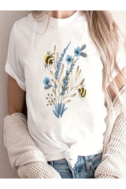 CLASSY.MODA تي شيرت نسائي من جيرسي واحد - تي شيرت أبيض مطبوع كبير الحجم بياقة...