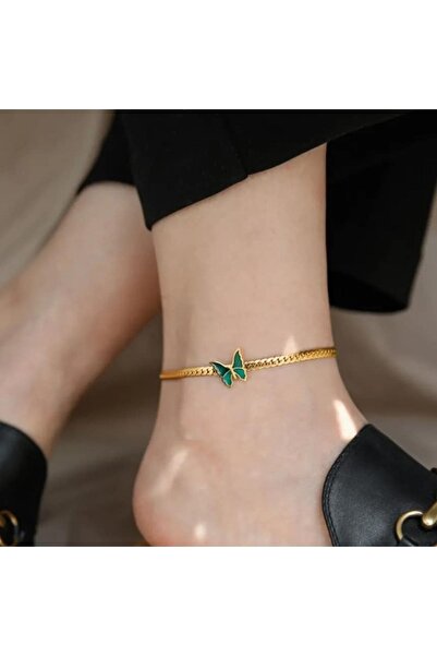 ESJ Paslanmaz Çelik Italyan Ezme Zincir Kelebek Detay Altın Kaplama Kadın Halhal 21 5 Vm