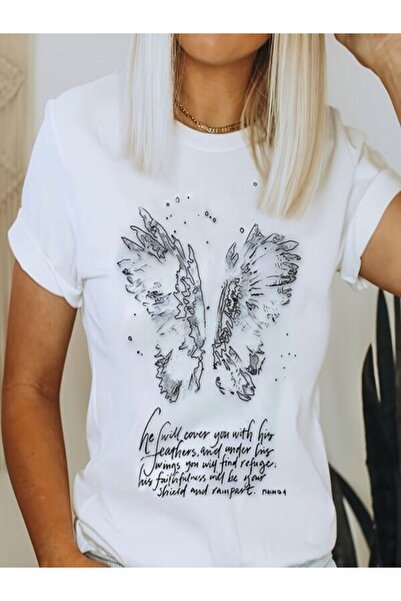 CLASSY.MODA Γυναικείο T-Shirt Single Jersey - Λευκό εμπριμέ μπλουζάκι με κοντό μανίκι με λαιμόκοψη