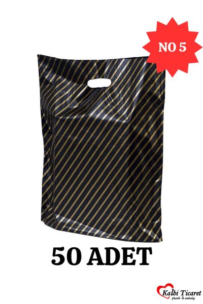 Kalbi Ticaret Mağaza Poşeti Çizgili Siyah Poşet (NO 5) 50'li Diagonal Takviye...