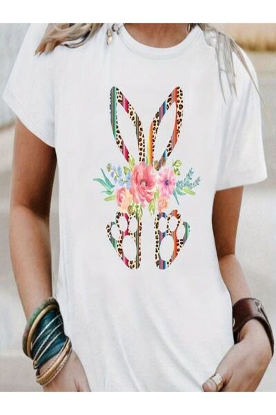 CLASSY.MODA Single Jersey T-Shirt Women - White Printed Oversize Crew Neck Short Sleeve T-Shirt