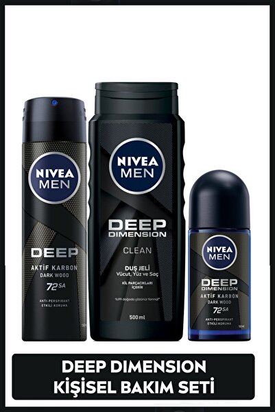 NIVEA MEN MEN'S DEEP DİMENSİON CARE SET, SHOWER GEL 500ML, SPRAY DEODORANT 150ML-ROLL-ON 50ML PSSN3196