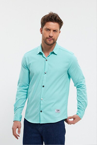 DeepSEA Turquoise Slim Fit Lycra Men's Shirt - Long Sleeve, Snap Fastener2403013
