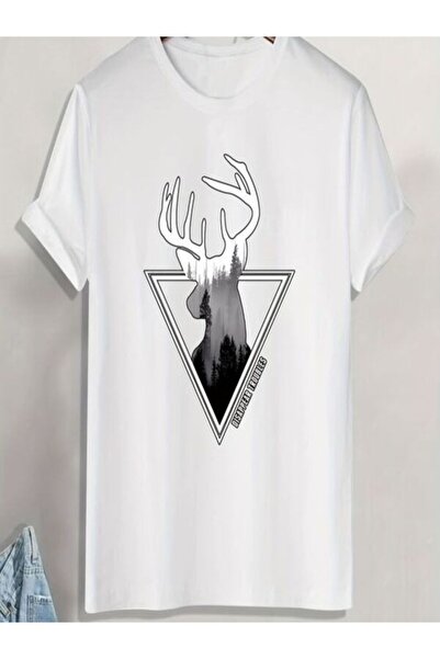 CLASSY.MODA تي شيرت جيرسي واحد للرجال - تي شيرت أبيض مطبوع كبير الحجم بياقة د...