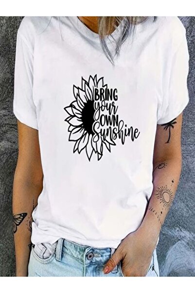 CLASSY.MODA Single Jersey T-Shirt Women - White Printed Oversize Crew Neck Short Sleeve T-Shirt