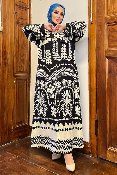 julude Patterned Viscose Hijab Dress - Neck Buttoned, Black