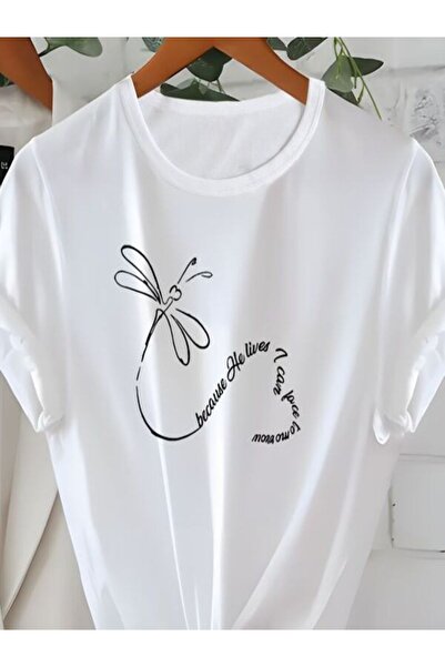 CLASSY.MODA تي شيرت نسائي من جيرسي واحد - تي شيرت أبيض مطبوع كبير الحجم بياقة...