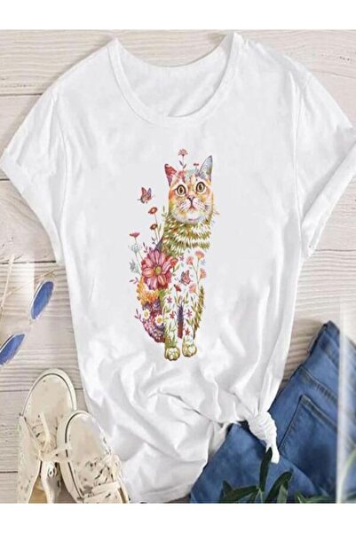 CLASSY.MODA Single Jersey T-Shirt Women - White Printed Oversize Crew Neck Short Sleeve T-Shirt