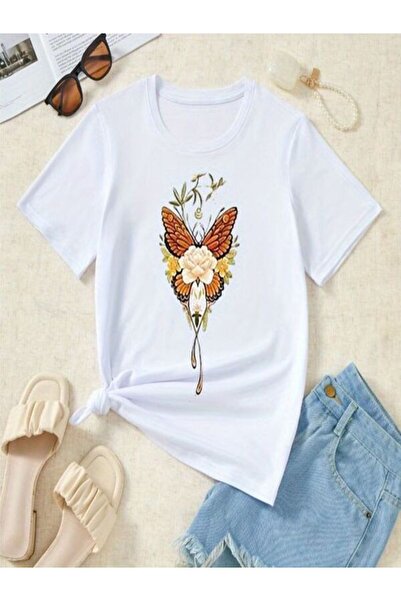 CLASSY.MODA تي شيرت نسائي من جيرسي واحد - تي شيرت أبيض مطبوع كبير الحجم بياقة...