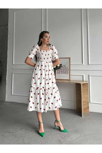 SEDA FİDAN Ecru Poplin Dress - Strawberry Pattern and Balloon Sleeve