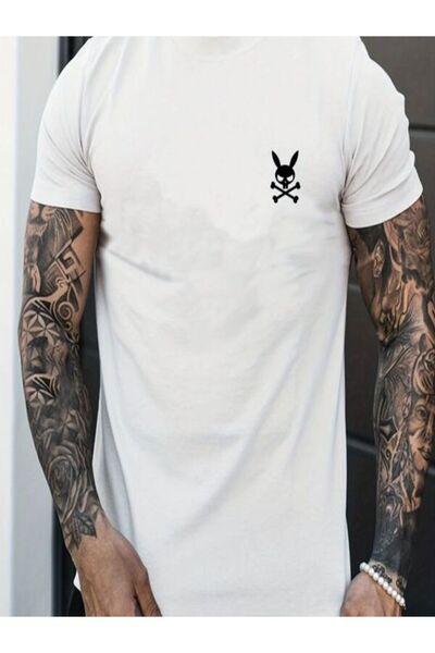 CLASSY.MODA تي شيرت جيرسي واحد للرجال - تي شيرت أبيض مطبوع كبير الحجم بياقة د...