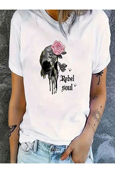 CLASSY.MODA تي شيرت نسائي من جيرسي واحد - تي شيرت أبيض مطبوع كبير الحجم بياقة...