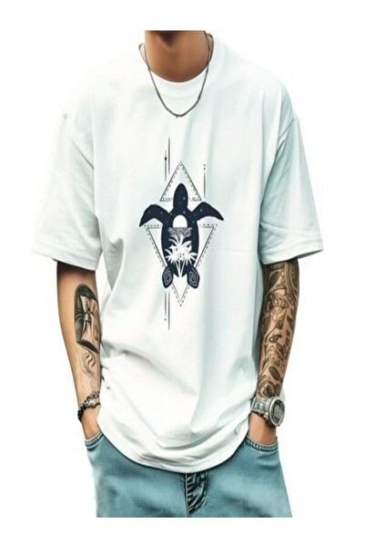 CLASSY.MODA تي شيرت جيرسي واحد للرجال - تي شيرت أبيض مطبوع كبير الحجم بياقة د...