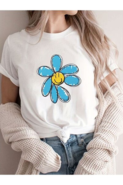 CLASSY.MODA Γυναικείο T-Shirt Single Jersey - Λευκό εμπριμέ μπλουζάκι με κοντό μανίκι με λαιμόκοψη