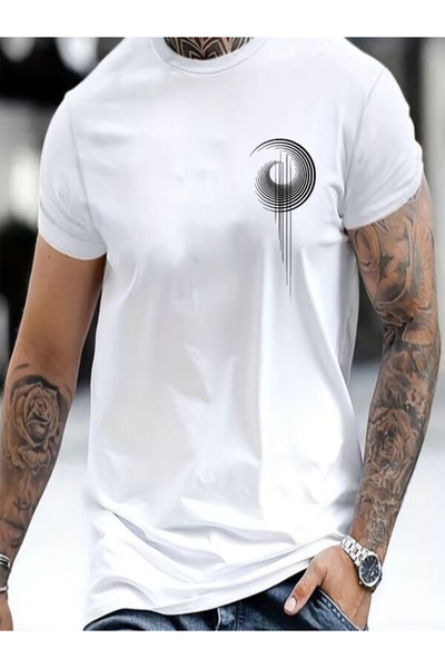 CLASSY.MODA تي شيرت جيرسي واحد للرجال - تي شيرت أبيض مطبوع كبير الحجم بياقة د...