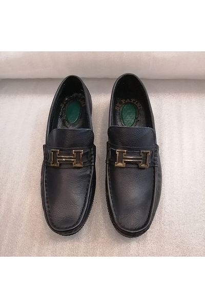 Bruno Men's Genuine Leather Navy Blue Banded Brass H Movable Buckle Soft Rubber Sole Loafer