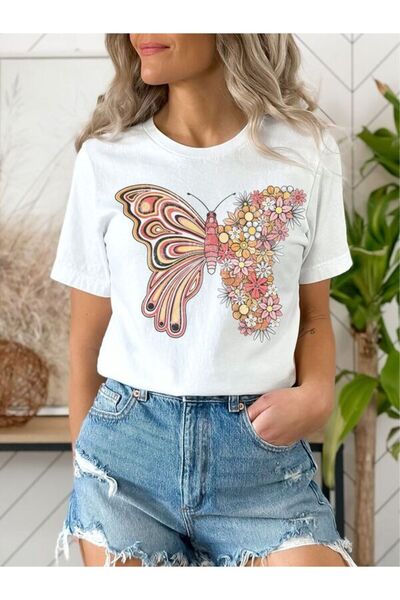 CLASSY.MODA Single Jersey T-Shirt Women - White Printed Oversize Crew Neck Short Sleeve T-Shirt