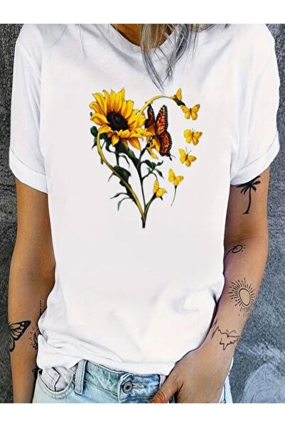 CLASSY.MODA Γυναικείο T-Shirt Single Jersey - Λευκό εμπριμέ μπλουζάκι με κοντό μανίκι με λαιμόκοψη