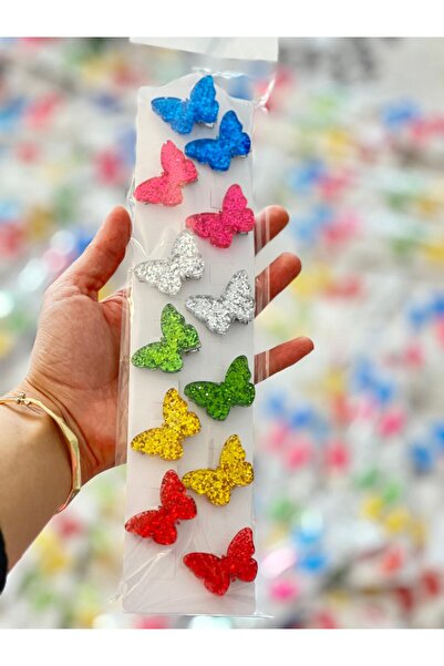 schkırt 12 Pieces of Butterfly Motif Children's Collet - Epoxy Glitter, Buckle Pink, Red Blue, Yellow Green, Silver Color