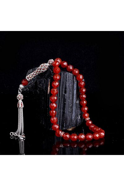 Tesbihsepetim Silver Tasseled with Zircon Stones - Crystal Cut Agate Rosary