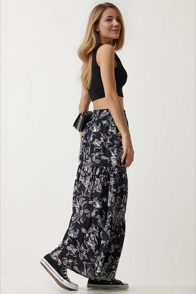 hazelin Fusta de damă din viscoză cu modele florale neagră - Talie elastică HZL24S-BD180071