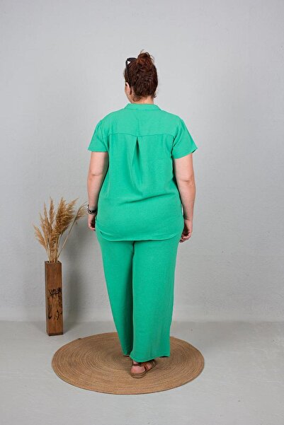Truva XXL Plus Size Green Buttoned Woven Women's Set - TruvaXxl TK336