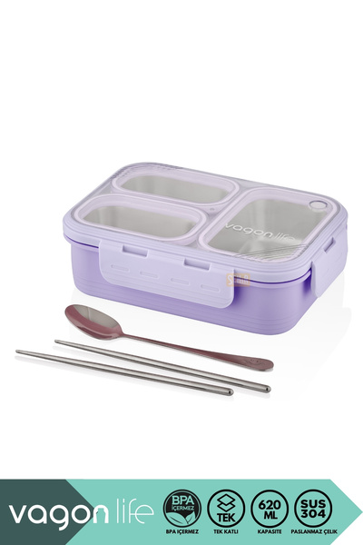 Vagonlife Bento 620ml Lunchbox Yeni Koleksiyon Tek Katlı 3 Bölmeli Çelik Sefe...