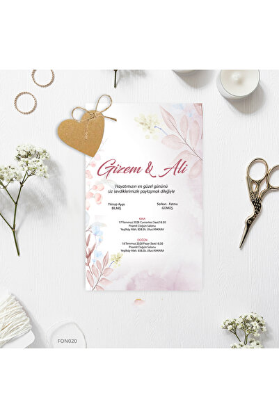 Ekonomik Zarfsız Davetiye, İsimlikli Davetiye, Düğün Davetiye, 100Adet(Baskı Dahil)