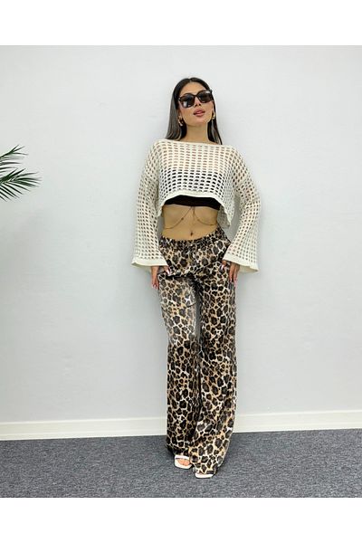 DEQ FASHION Leopard Pattern Trousers with Elastic Waist