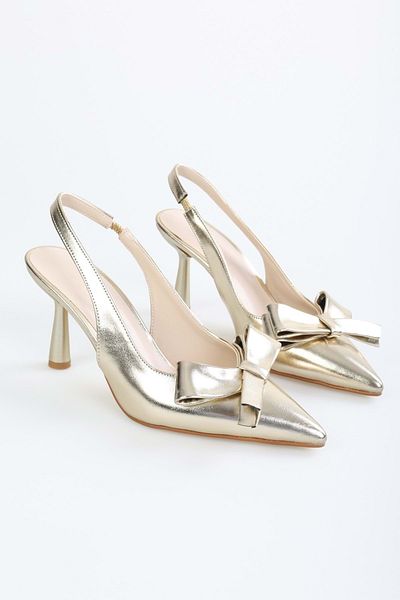 Shoeberry Fiorella – Stilettos für Damen – goldene Schuhe mit glänzendem Schleifendetail