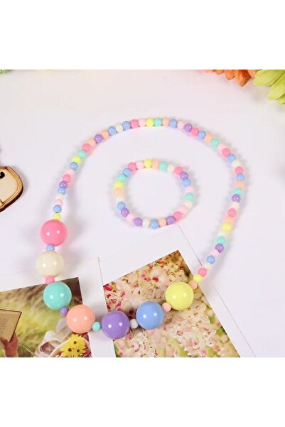 MutluBiDünya Lily Kız Çocuk Renkli Boncuklu Esnek Kolye Bileklik Seti