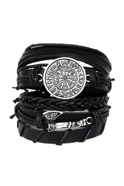 BSN Store Viking 5-Piece Genuine Leather Bracelet with Scandinavian Axe and Compass Figures