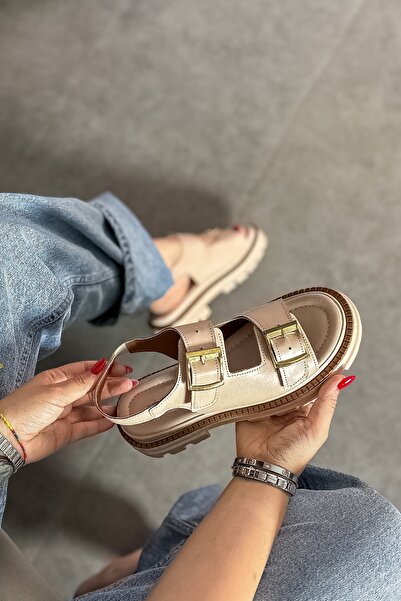 SHOEBELLAS Beige Sury Double Buckle Women's Sandals